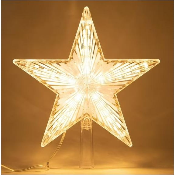 Christmas Tree Topper with LED Light, Clear Five-Pointed Star Tree Topper Plug in for Xmas New Year Lighted Xmas Tree Holiday Decoration, Warm White Light