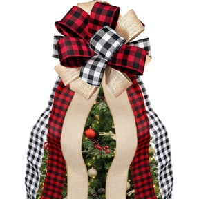 Christmas Tree Topper Large Buffalo Plaid Burlap Red and Black Gift Bow for Xmas Tree Handmade Holiday Party Decorations - 13 x 30 Inch