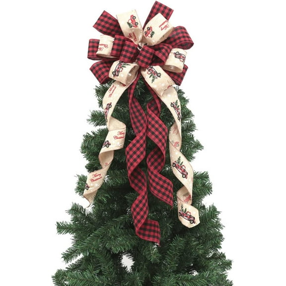 Christmas Tree Topper Large Red Black Buffalo Plaid Christmas Tree Topper Wreath Bows with Streamers Christmas Tree Truck Rustic Burlap Christmas Tree Toppers Decorations