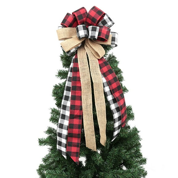 Christmas Tree Topper Large Red Black Buffalo Plaid Christmas Tree Topper Wreath Bows with Streamers Christmas Tree Truck Rustic Burlap Christmas Tree Toppers Decorations