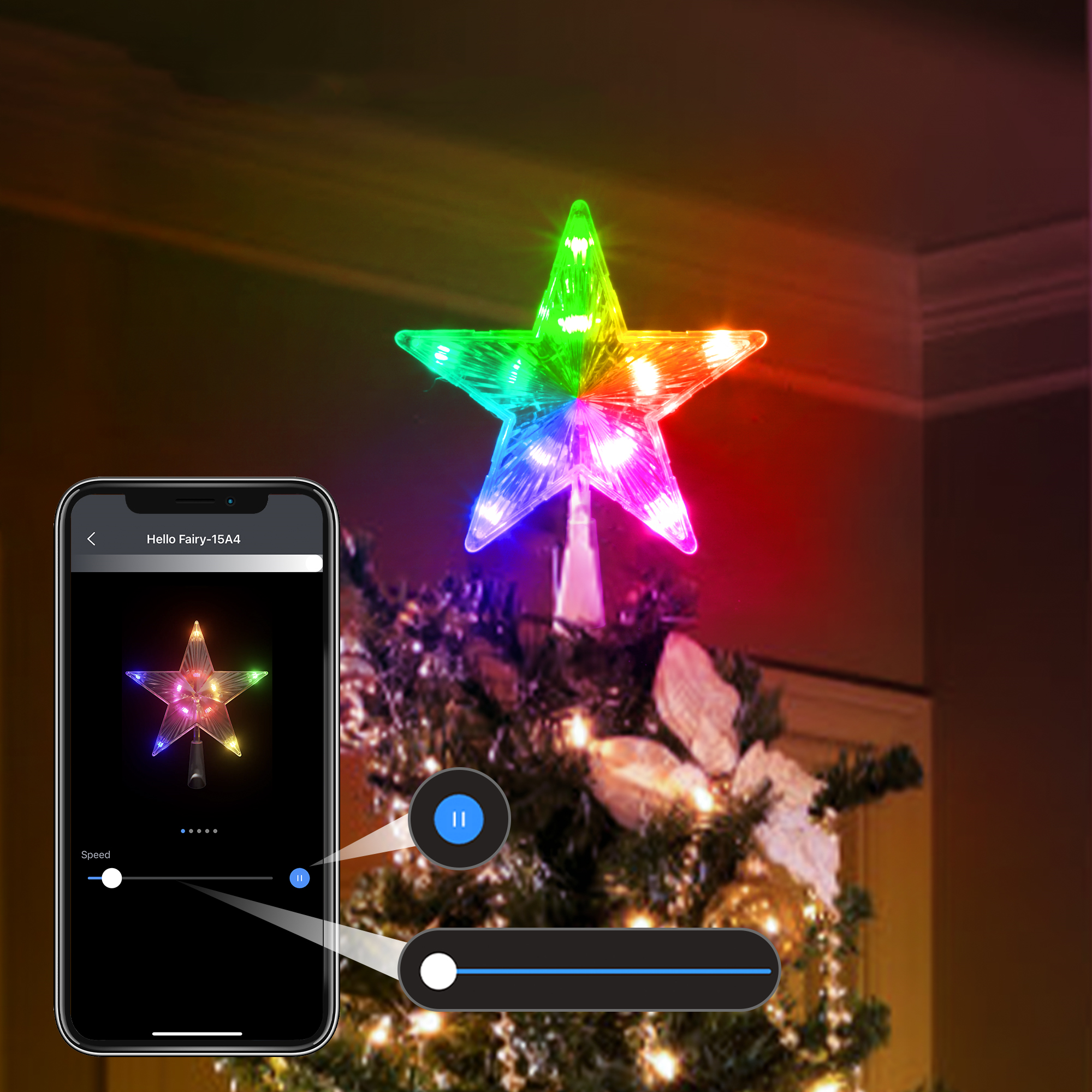 Christmas Tree Topper Light Smart App Remote Control 7 LED Color Changing  Star Tree Toppers Sync with Music Dimmable Timer USB Plug in/Wire 16.4Ft  Topper for Xmas Party Holiday 