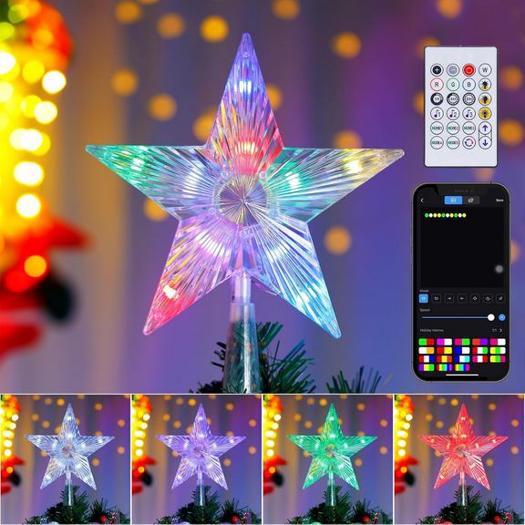 Christmas Tree Topper Light Smart App Remote Control 7" LED Color Changing Star Tree Toppers Sync with Music Dimmable Timer USB Plug in/Wire 16.4Ft Topper for Xmas Party Holiday