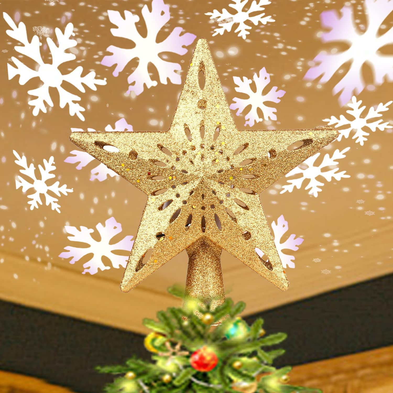 Christmas Tree Topper Lighted,3D Glittered Gold Star Tree Topper
