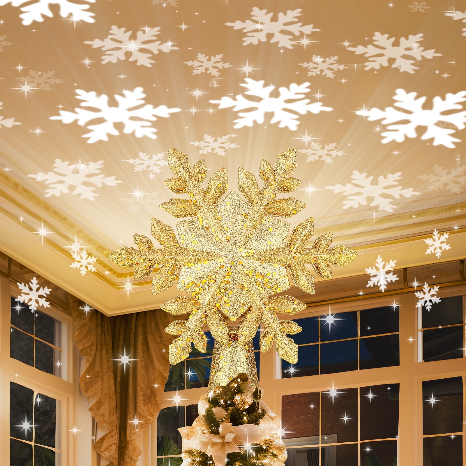 Christmas Tree Topper Lighted Star Tree Topper With Rotating Snowflake Projector Lights 3d Glitter Hollow Star Tree Topper For Christmas Tree Decorat