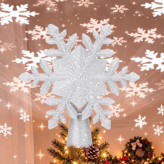 Christmas Tree Topper, 3D Glitter Snowflake Topper with 6 Projection Modes, Built-in LED Rotating Lights for Xmas Party Holiday, Silver