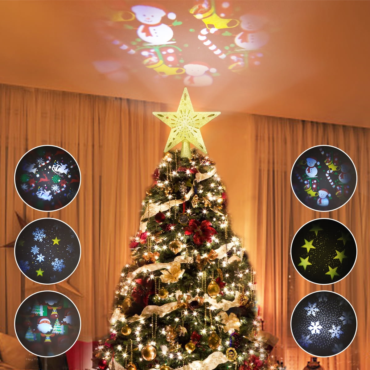 Christmas Tree Topper Lighted with 6 Projection Modes Builtin LED