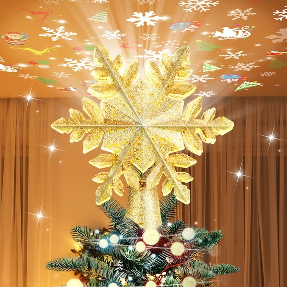 Christmas Tree Topper Lighted with 6 Projection Slides, Snowflake Christmas Tree Topper LED Rotating 3D Lighted Christmas Tree Toppers Projector (Gold)