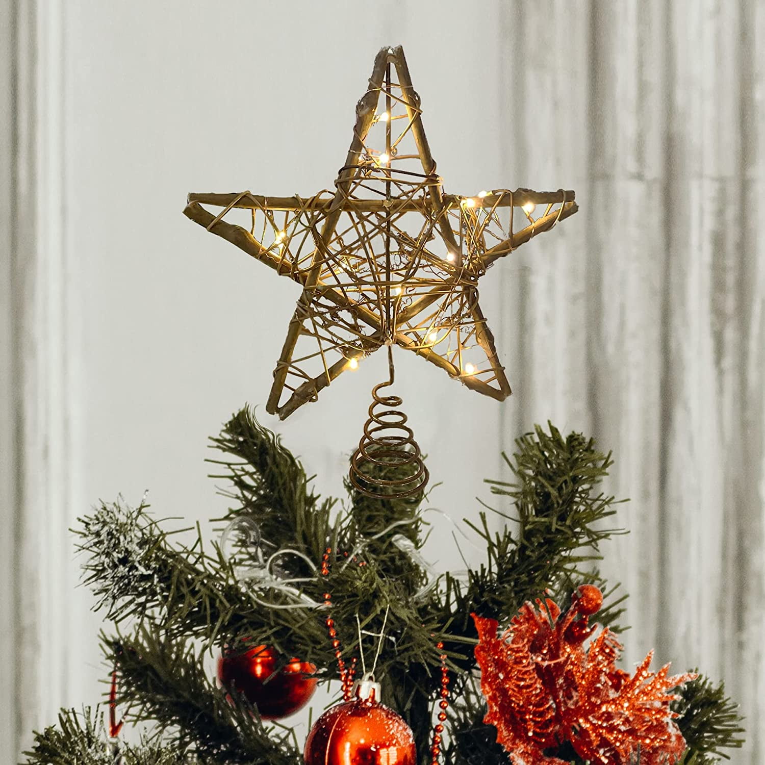Christmas Tree Topper.Lighted Branch Rattan Natural Star Tree Topper