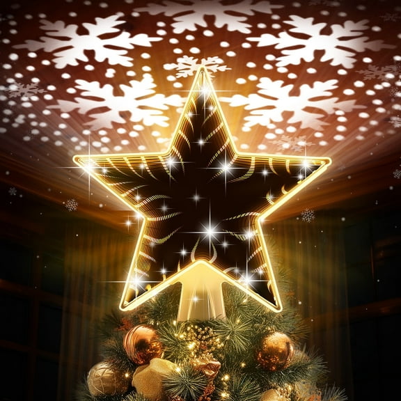 Christmas Star Tree Topper, Double Sided Tunnel Mirror Surface, 12 Lighting Modes, Built-in 6 Projected Patterns, Warm light