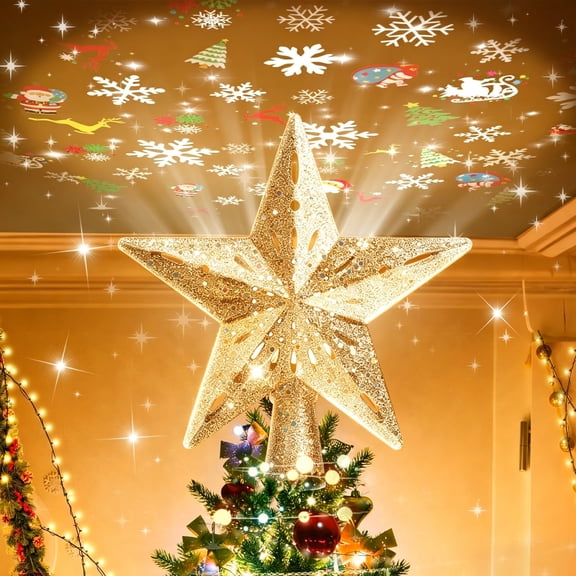 Christmas Tree Topper Lighted, Star Tree Topper with Projector, 6 Projection Modes, 3D Glitter Rotating LED Lights, Gold