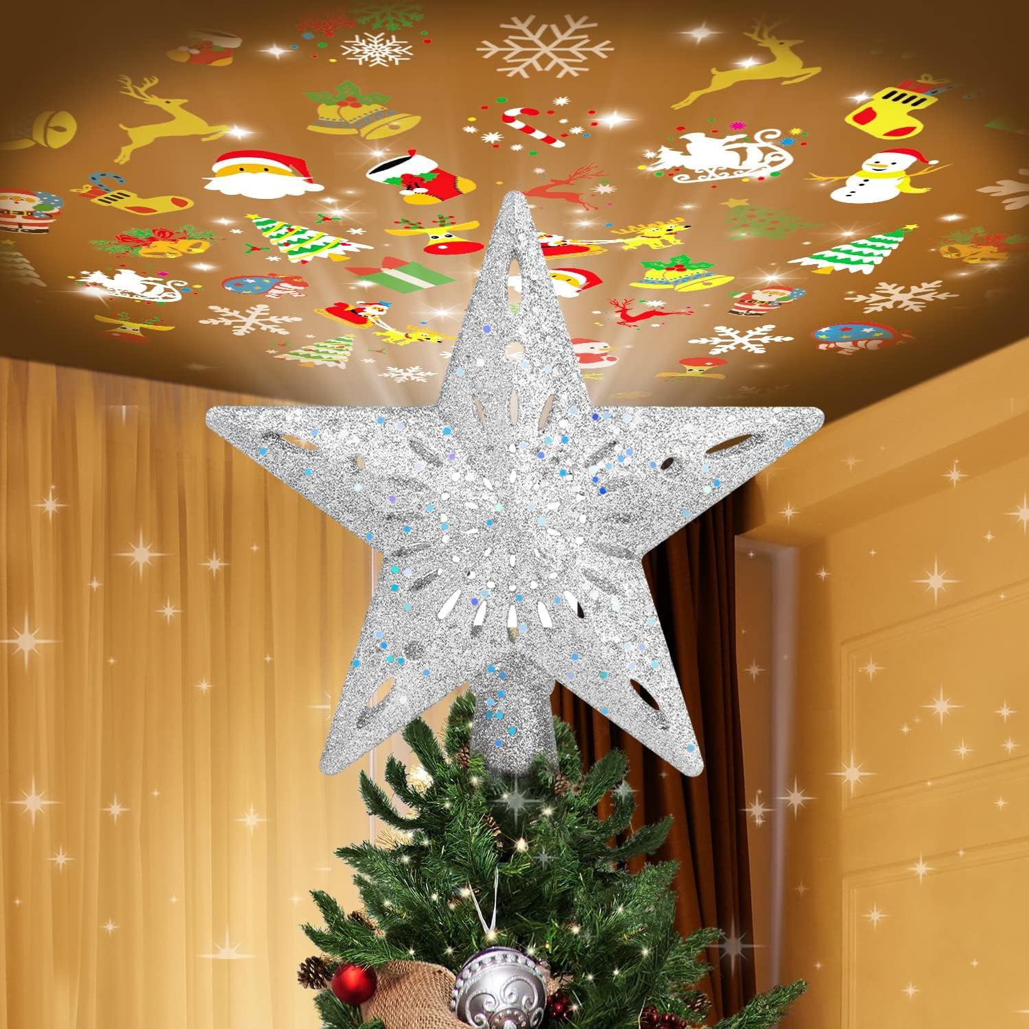 Christmas Tree Topper Lighted Star with Rotating Snowflake Projector 3D