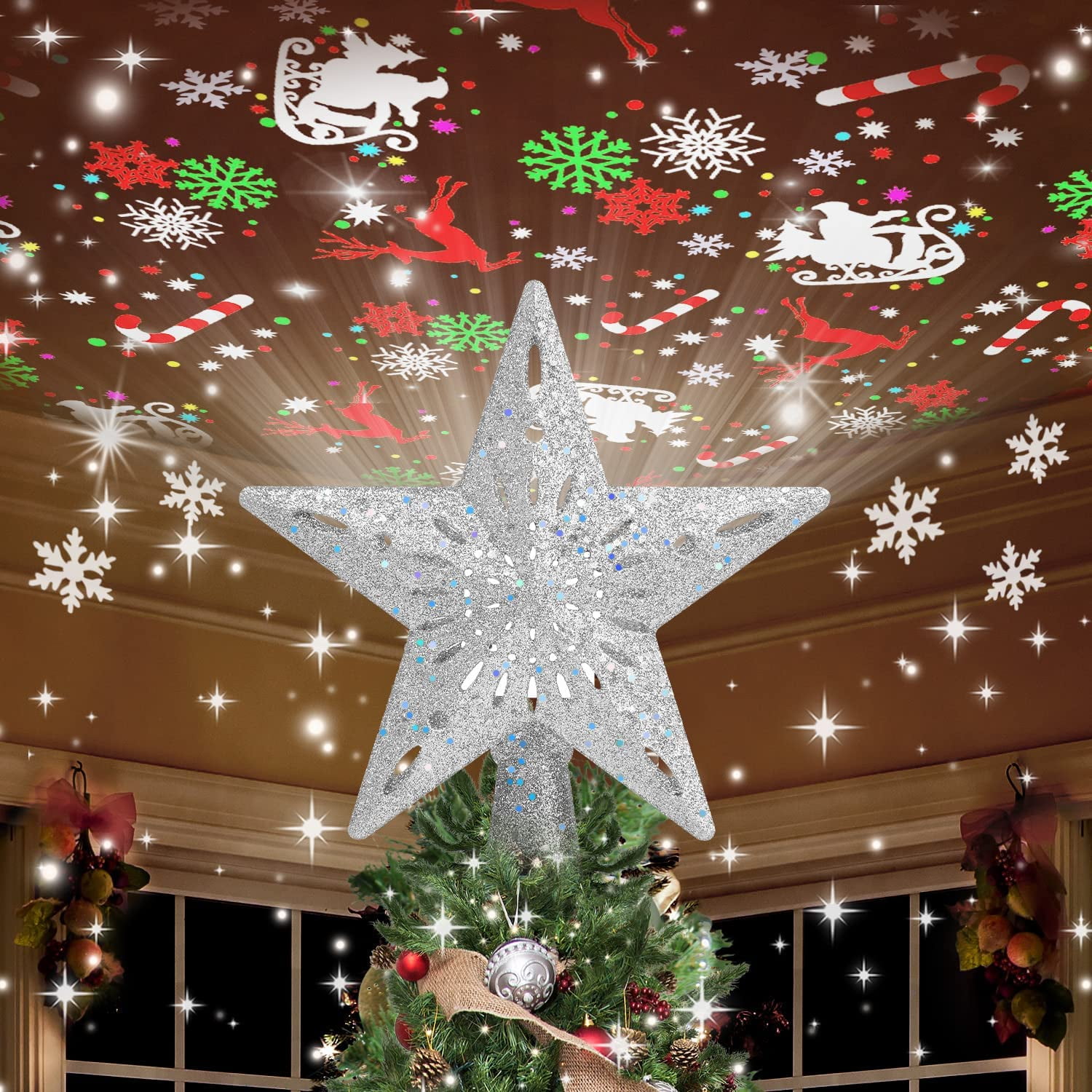 Christmas Tree Topper Lighted with 6 Projection Modes,Christmas Star