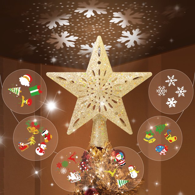 Christmas Tree Topper Lighted with Rotating Snowflake Projector, 3D