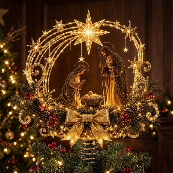 Christmas Tree Topper, Metal Nativity Scene with Star, Holiday Tree Decor, 7.87in