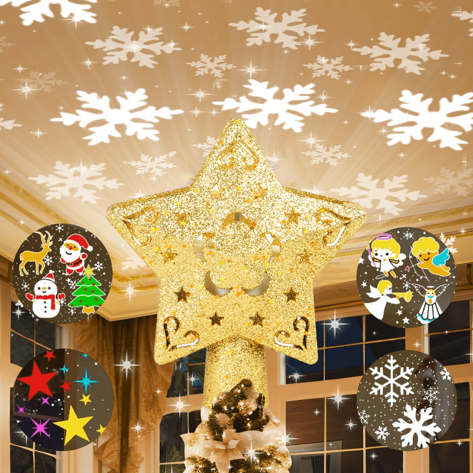 Projecteur Noel Lighted Christmas Tree DG-Direct Lighted Snowflake Christmas  per With Rotating Projector - Golden 3D Glitter Design Frozen per Tree Top, image size:1600x1600