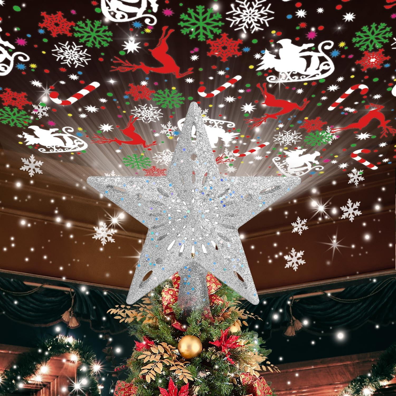 Christmas Tree Topper Projector, LED Star Tree Topper Light, Glitter