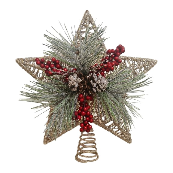 Christmas Tree Topper Rustic Star with Red Berries and Pine Needle,Natural Star Decor,Hallow Plastic Star Topper for Xmas Tree Holiday Indoor Rustic Boho Farmhouse Decor
