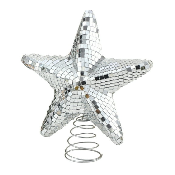 Christmas Tree Topper, Silver Disco Mirror Star, 1 Pack Sparkling 5 Pointed Star Ornament with Stable Metal Spring Base, Fit for Holiday Xmas Winter Wedding Party Home Festive Decor