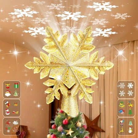 Christmas Tree Topper, Gold Snowflake Star LED Rotating Projector Light with 6 Slides, ABS Material Holiday Decoration for Xmas Tree
