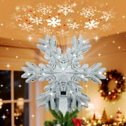 Christmas Tree Topper, Snowflake Tree Toppers Lighted Indoor with Rotating 3D Snowflake LED Projector, Hollow Glitter Lighted for Christmas Tree Decorations Holiday Ornaments, Sliver