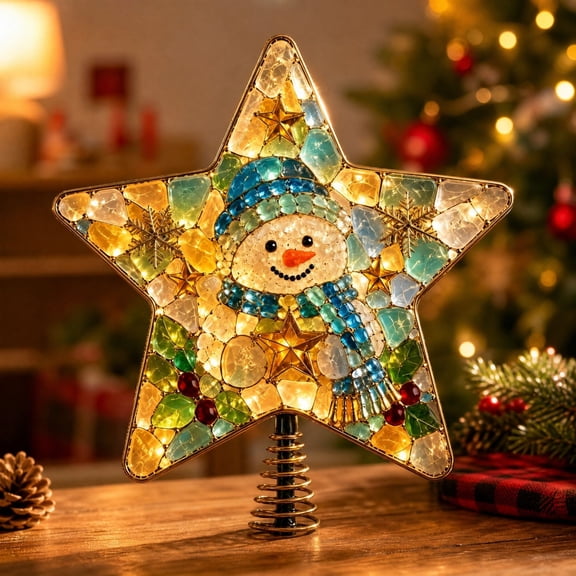 Christmas Tree Topper, Snowman Sea Glass Style Mosaic Star with Spring Base for Christmas Tree, Holiday Tree Top Decoration, Living Room and Winter Seasonal Decor, 7.87 Inch