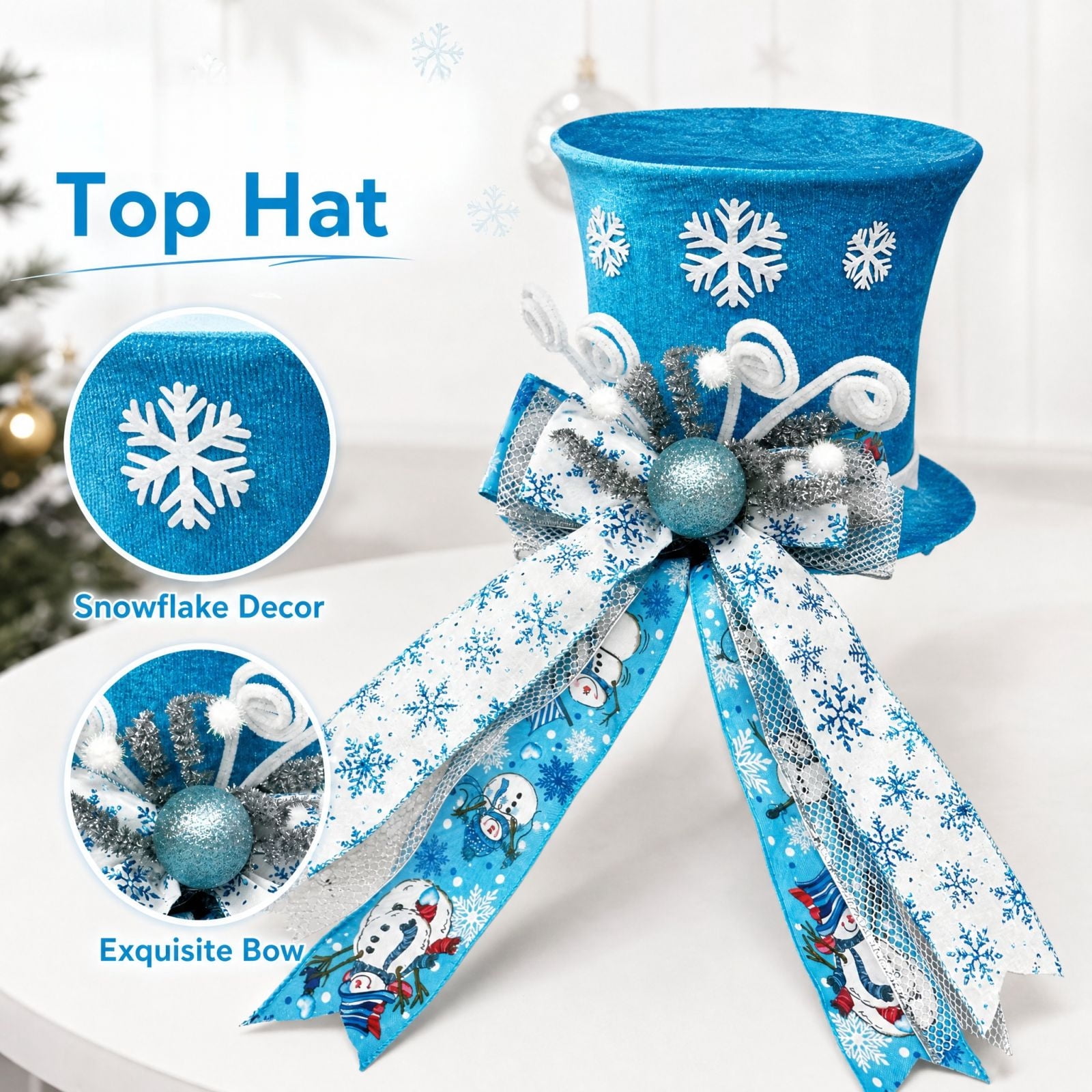 Christmas Tree Topper Snowman Top Hat Decoration, Festive Holiday ...