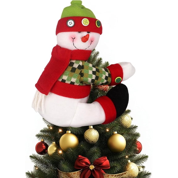 Christmas Tree Topper Snowman, Unique and Funny Xmas Plush Stuffed Snowman Hugger Decoration with Velcro for Christmas Tree, Wine Bottles, Curtains, Festive Holiday Decorations Gift