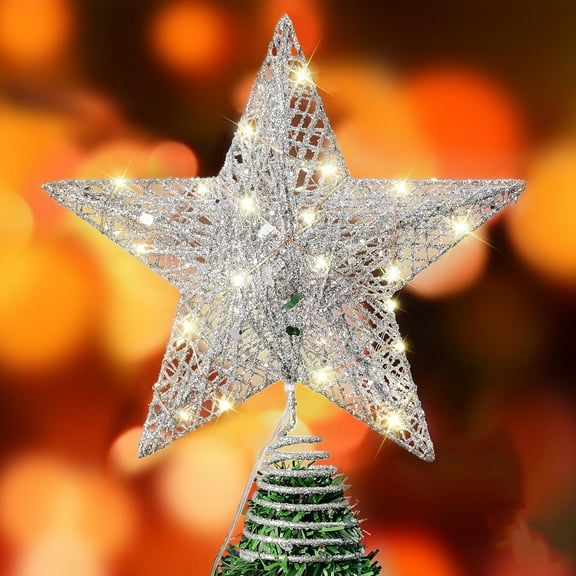 Christmas Tree Topper Star, 10 Inch Silver Glitter Tree Toppers with Lighted, Battery Powered, 20 LED Light Up Tree Toppers, Christmas Treetop for Christmas Tree New Year Decoration(Silver)