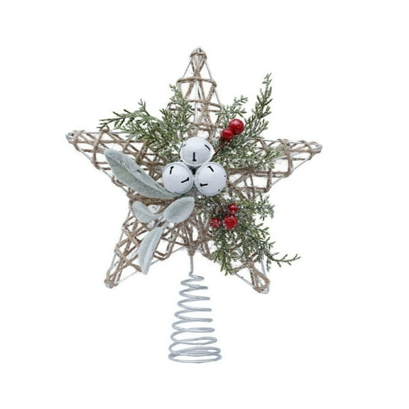 Christmas Tree Topper Star 11.8 Inch with Lights, Rustic Jute Woven Star with Bells and Pine Branches for Xmas Holiday Home Party Indoor Decorations
