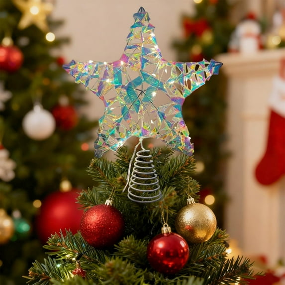 Christmas Tree Topper Star | 3D Five-Pointed Wrought Iron | Multicolor, Gold | 25x20cm | 20 LED Ribbon Lights | Glitter Ornament | Durable Holiday Decoration | Classic Festive Accent