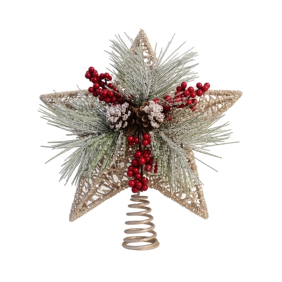 Christmas Tree Topper Star, Glitter Gold Hollow Star Tree Top with Frosted Pine Needles Red Berries Pine Cones, Rustic Xmas Tree Ornament for Farmhouse Holiday Decor