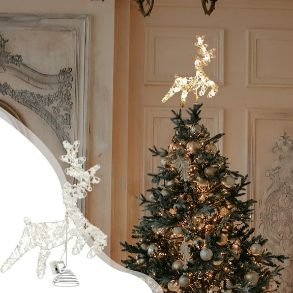 Christmas Tree Topper Star Golden Glitter Deer Shaped Tree Top Lighted Reindeer Treetop Ornaments With Led Light Battery Powered Light up 2D Deer Christmas Tree Decorations