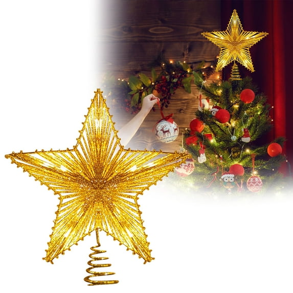 Christmas Tree Topper Star with LED Lights, Battery Powered 10" Glittered 3D Star Tree Topper for Xmas Decorations, Warm White Lights for Holiday Home Party Decor