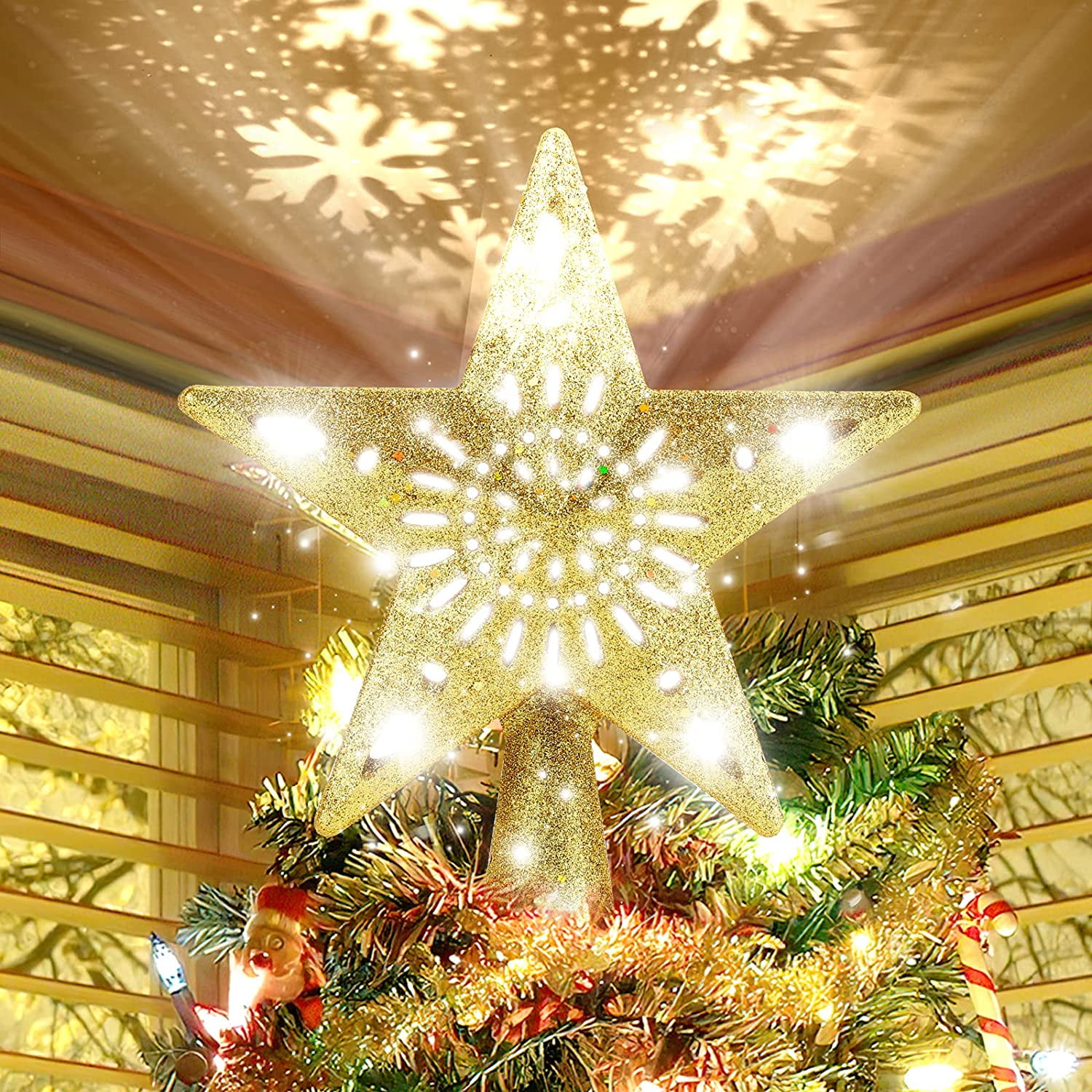 Christmas Tree Topper Star Lighted with Rotating Snowflake LED