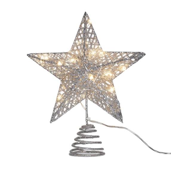 Christmas Tree Topper Star, Lighted Silver Glitter 3D Five Pointed Star with Spiral Base, LED Illuminated Xmas Tree Decor for Holiday Home Indoor Decoration, Metal 6x12 Inch