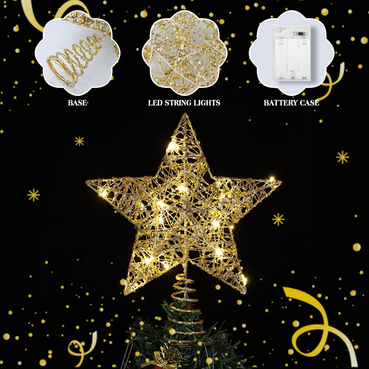 Toyandona Golden Christmas Tree Topper Star with LED Lights Rustproof ...