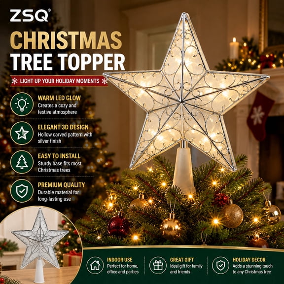 Christmas Tree Topper Star, Metal Star Tree Topper Decoration for Christmas Tree, Elegant Five Point Star Holiday Tree Top Ornament for Home Christmas Decor