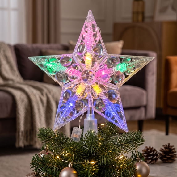 Christmas Tree Topper Star with Multicolor Twinkling LED Lights, Five Point Crystal Clear Holiday Tree Top Decoration for Home and Party Festive Display