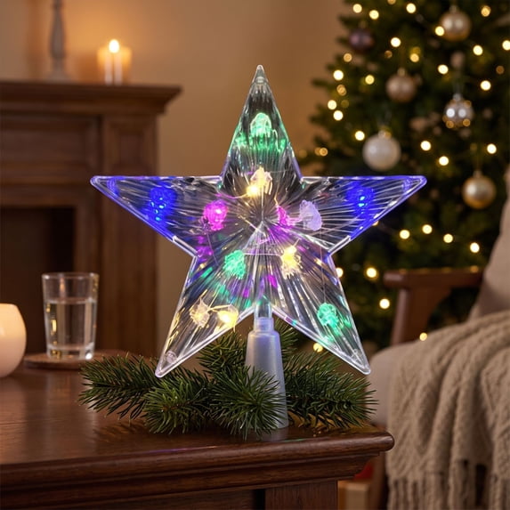 Christmas Tree Topper Star with Multicolor Twinkling LED Lights, Five Point Crystal Clear Holiday Tree Top Decoration for Home and Party Festive Display