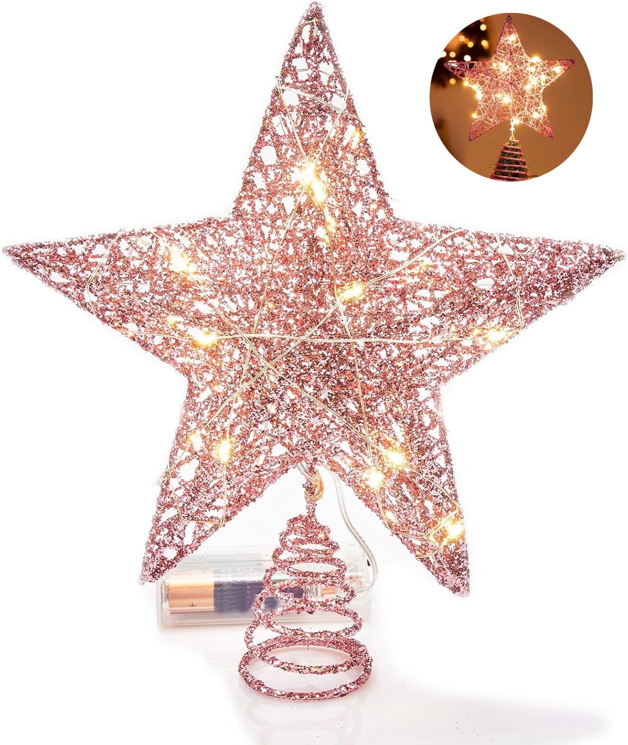 Christmas Tree Topper Star, Pink Glitter Tree Toppers with Lighted, 20 LED Light Up Tree Toppers