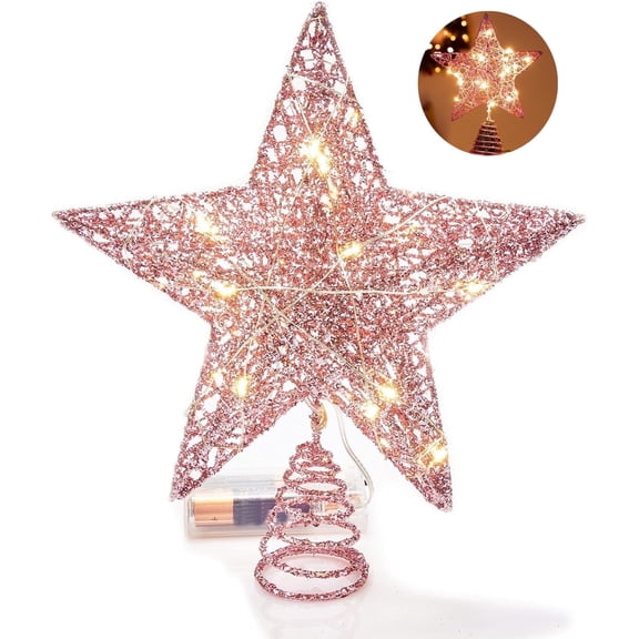 Christmas Tree Topper Star, Pink Glitter Tree Toppers with Lighted, 20 LED Light Up Tree Toppers, Battery Powered, Christmas Treetop for Christmas Tree New Year Decoration(Pink,10 inch)