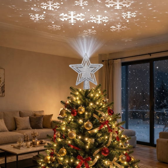Christmas Tree Topper Star, Rotating Snowflake Projector, Layered ...