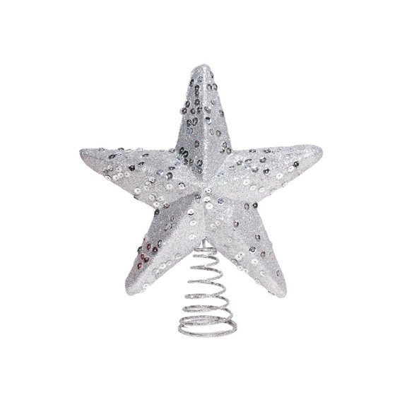 Christmas Tree Topper Star, Silver Sequined Glitter Foam 5 Pointed Star Ornament, 1 Pack Spring Mounted Decor, for Xmas Tree Top Decoration Holiday Party Home Window Desktop Tabletop Display