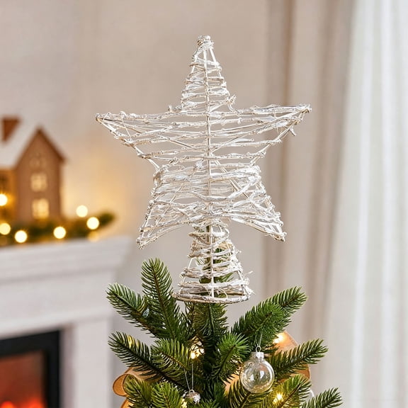 Christmas Tree Topper Star, Wrought Iron Tree Top Star, Rattan Christmas Tree Top Decor for Indoor Outdoor Holiday, Sturdy Classic Five Pointed Star Ornament for Real Artificial Trees