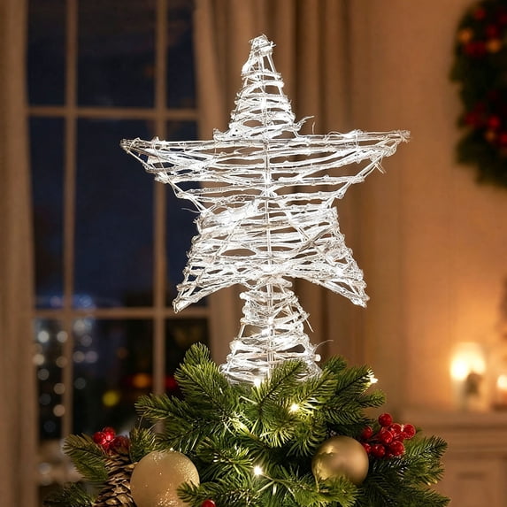 Christmas Tree Topper Star Wrought Iron and Rattan Ornament for Indoor and Outdoor Holiday Decorations