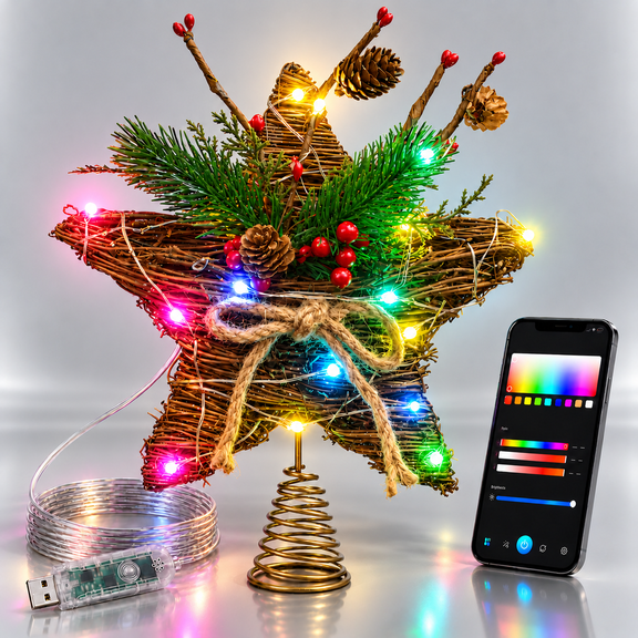 Christmas Tree Topper, Static Dynamic Lighted Tree Topper , RGB Color Changing Tree topper App Control, USB Powered 100+modes Music Sync Smart Timmer for Christmas Tree Holiday