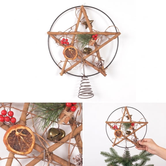 Christmas Tree Topper Vintage Wooden Star 13 X 11 Inch Rustic Farmhouse Decor with Pine Cone Bell Accents Seasonal Christmas Tree Decoration for Home Holiday Display Single Piece