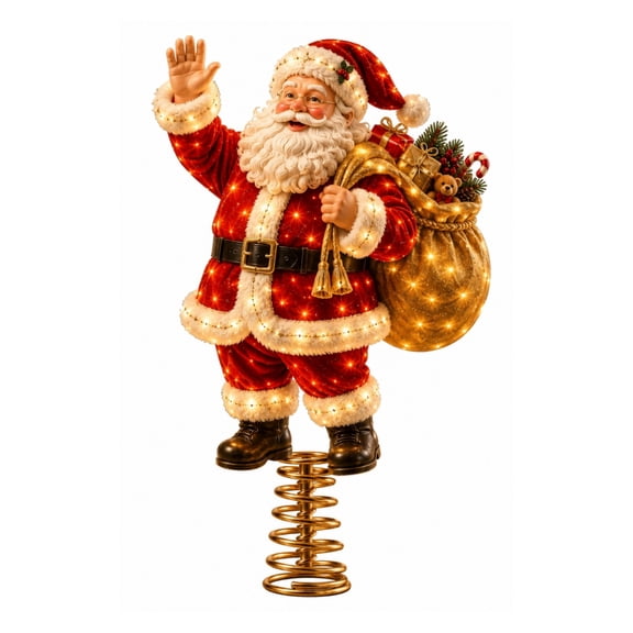 Christmas Tree Topper - Waving Santa Claus Design with Spiral Base for Holiday Tree Decoration