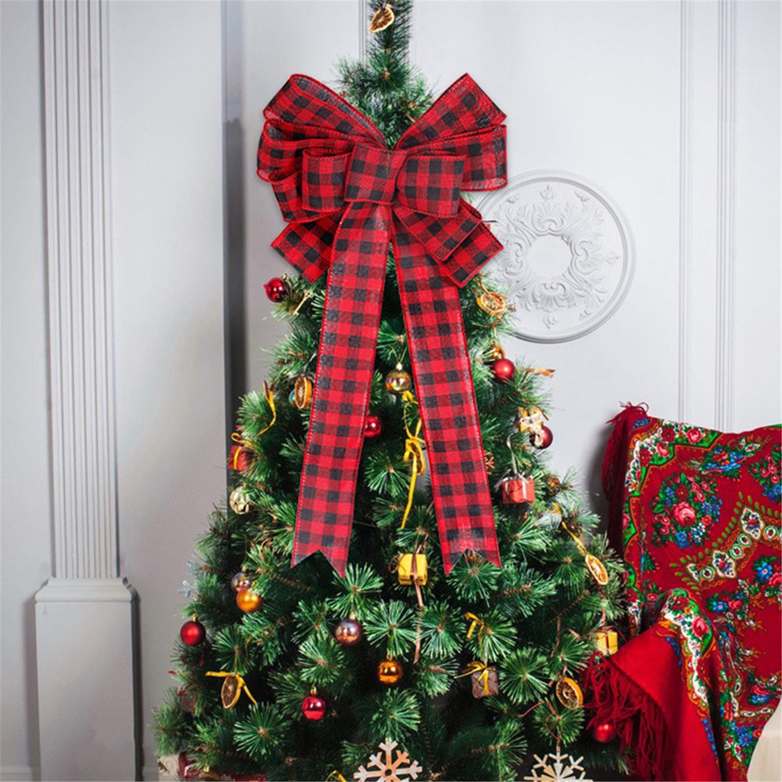 Christmas Tree Topper Wreath Bow Large Red Black Plaid Christmas Bow