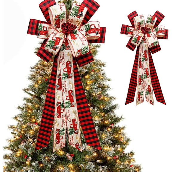Christmas Tree Topper Xmas Bow Buffalo Plaid Red Black Burlap Christmas Decorations Party Room Decor Wreath Fireplace Hanging Ornaments